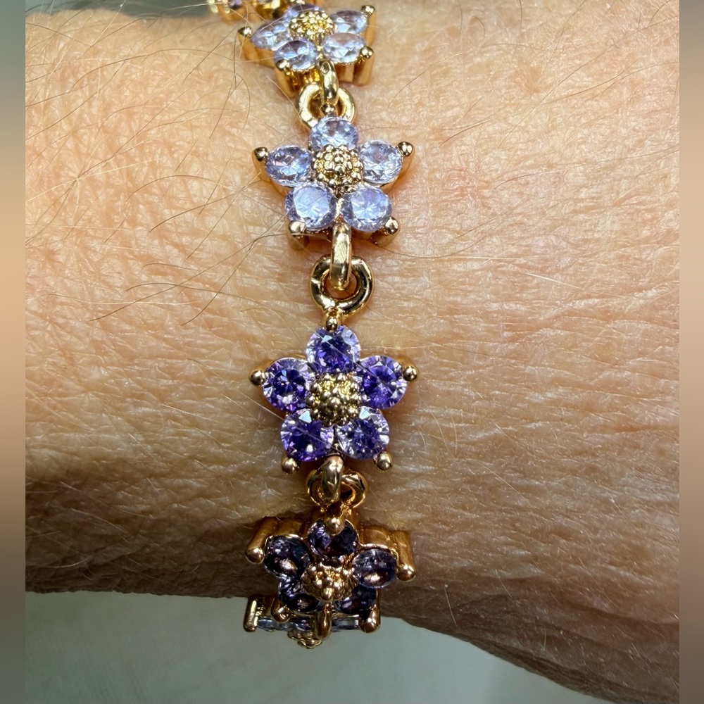 18K gold plated bracelet,blue/purple cubic zirconia flowers.7”-7.75”.  GIFT !